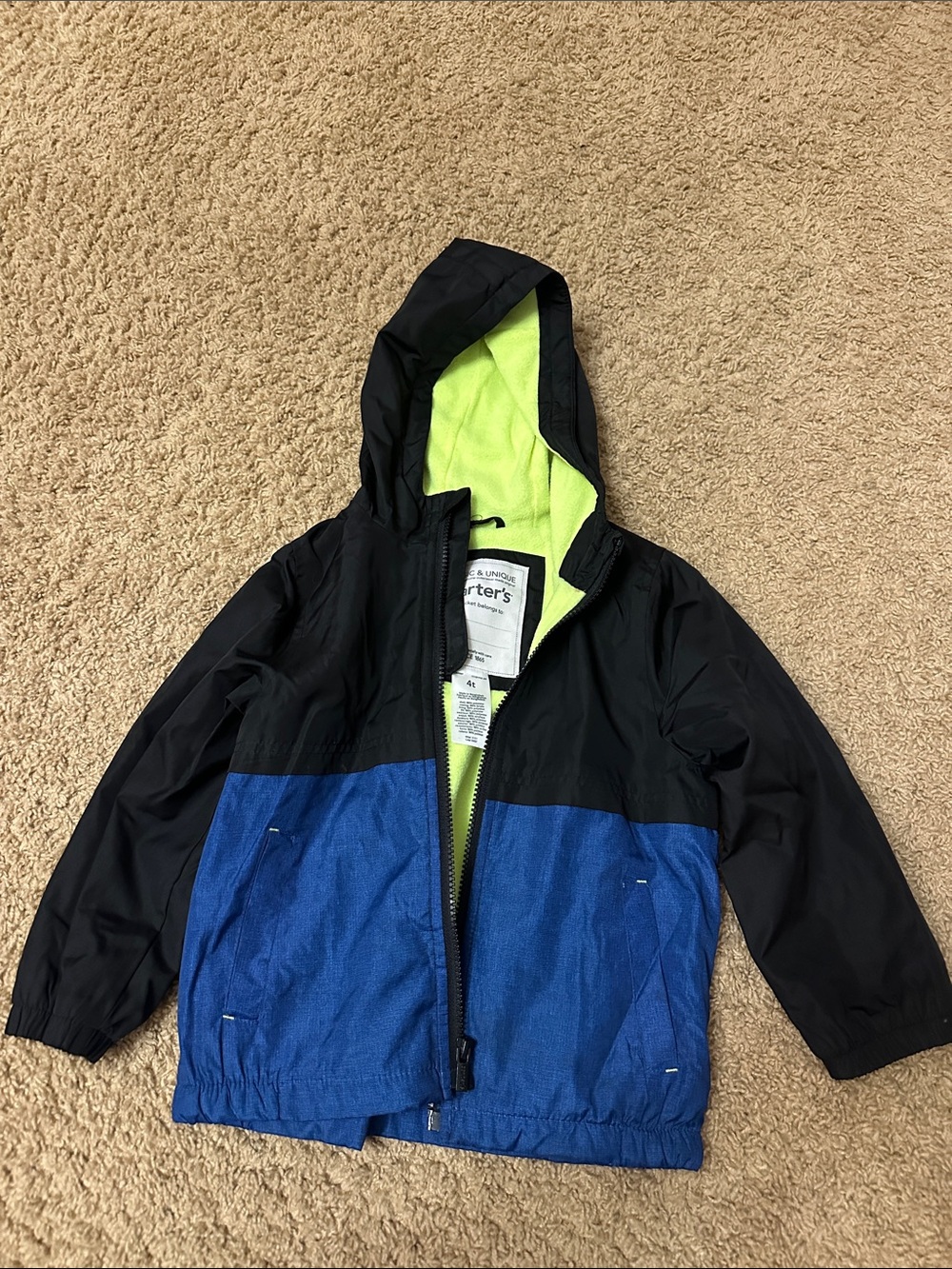 Carter's Black & Blue Hooded Coat with Lime Fleece Lining